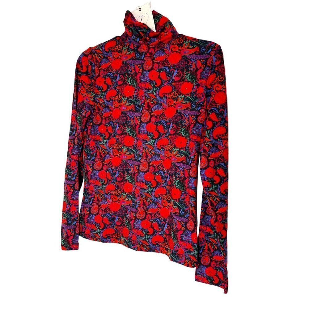 By Design Womens Red Floral Print Turtleneck Long Sleeve Jersey Top Sz M New - Picture 3 of 9